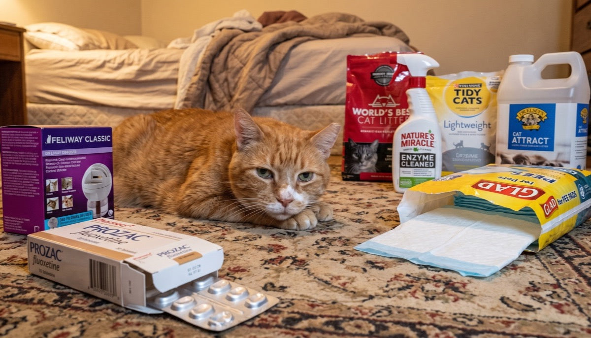 Senior cat lying next to Prozac, Feliway, enzyme cleaner, cat litter, Cat Attract and pee pads