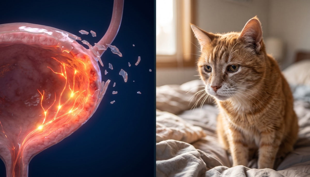 Worn bladder lining next to a senior cat on a bed