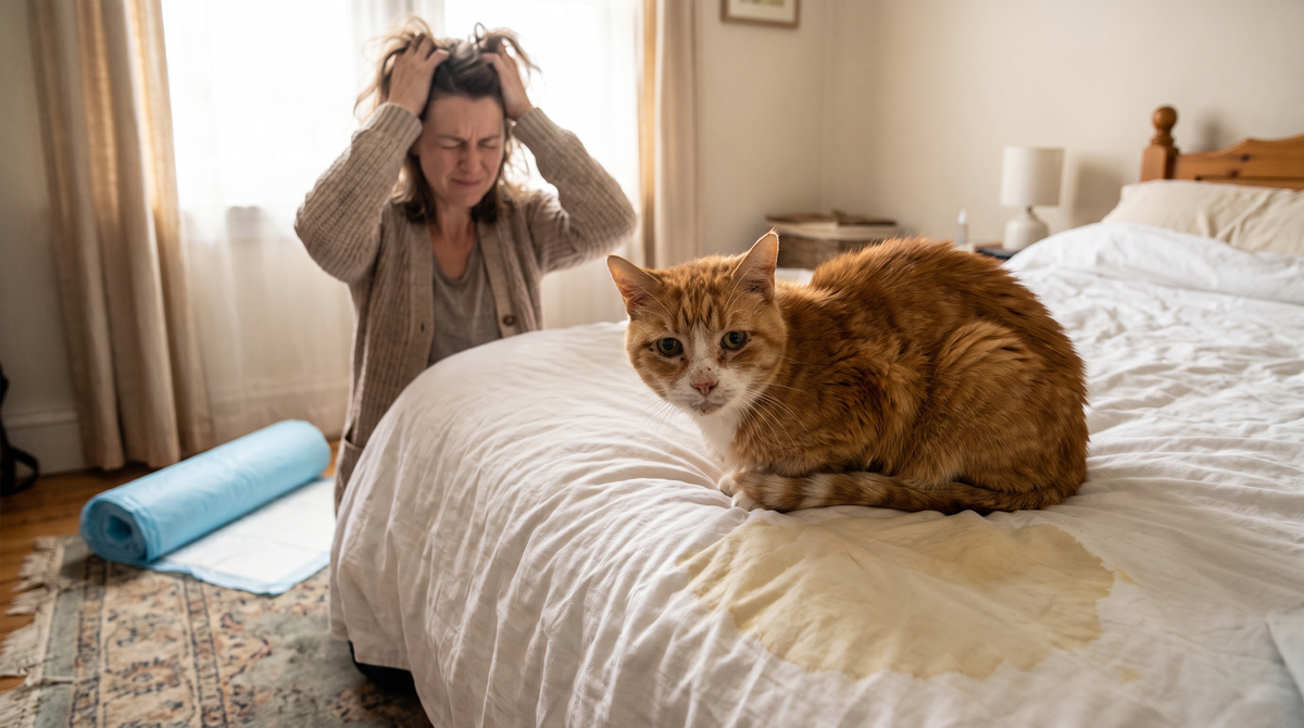 Cat sitting on a bed next to a urine stain