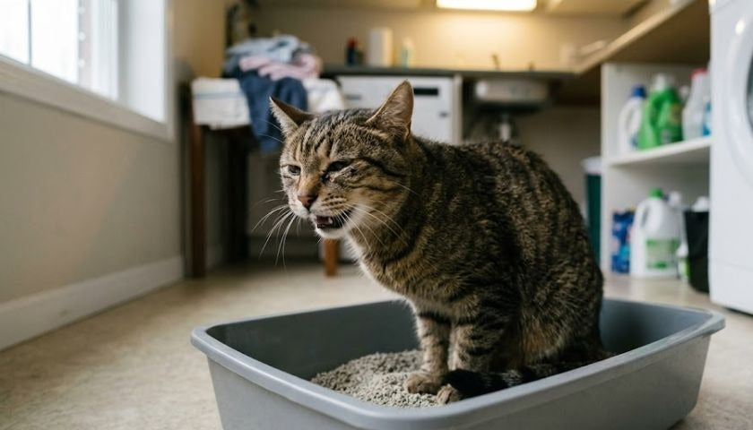 Cat beside a litter box at night