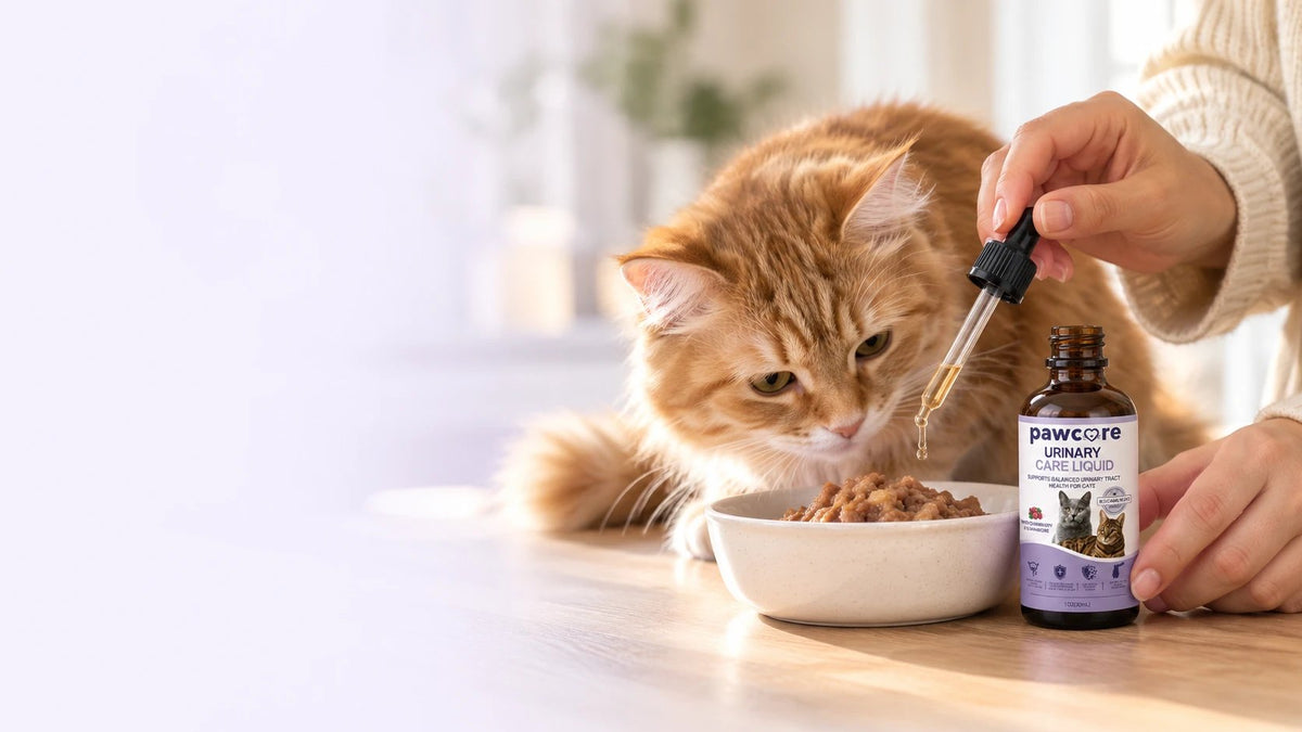 Pawcore Urinary Care drops being added to a ginger cat's food